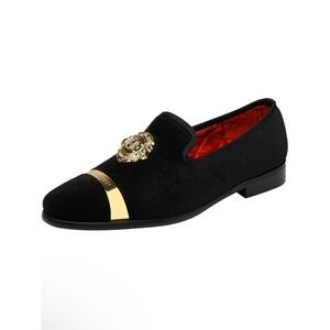 Elanroman Mens Black Velvet Loafers with gold embellishments Size 11.5